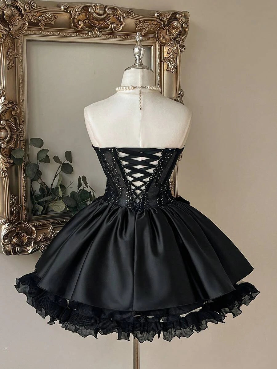 Pretty A-Line Sweetheart Corset Sequin Bow Black Short Homecoming Dresses