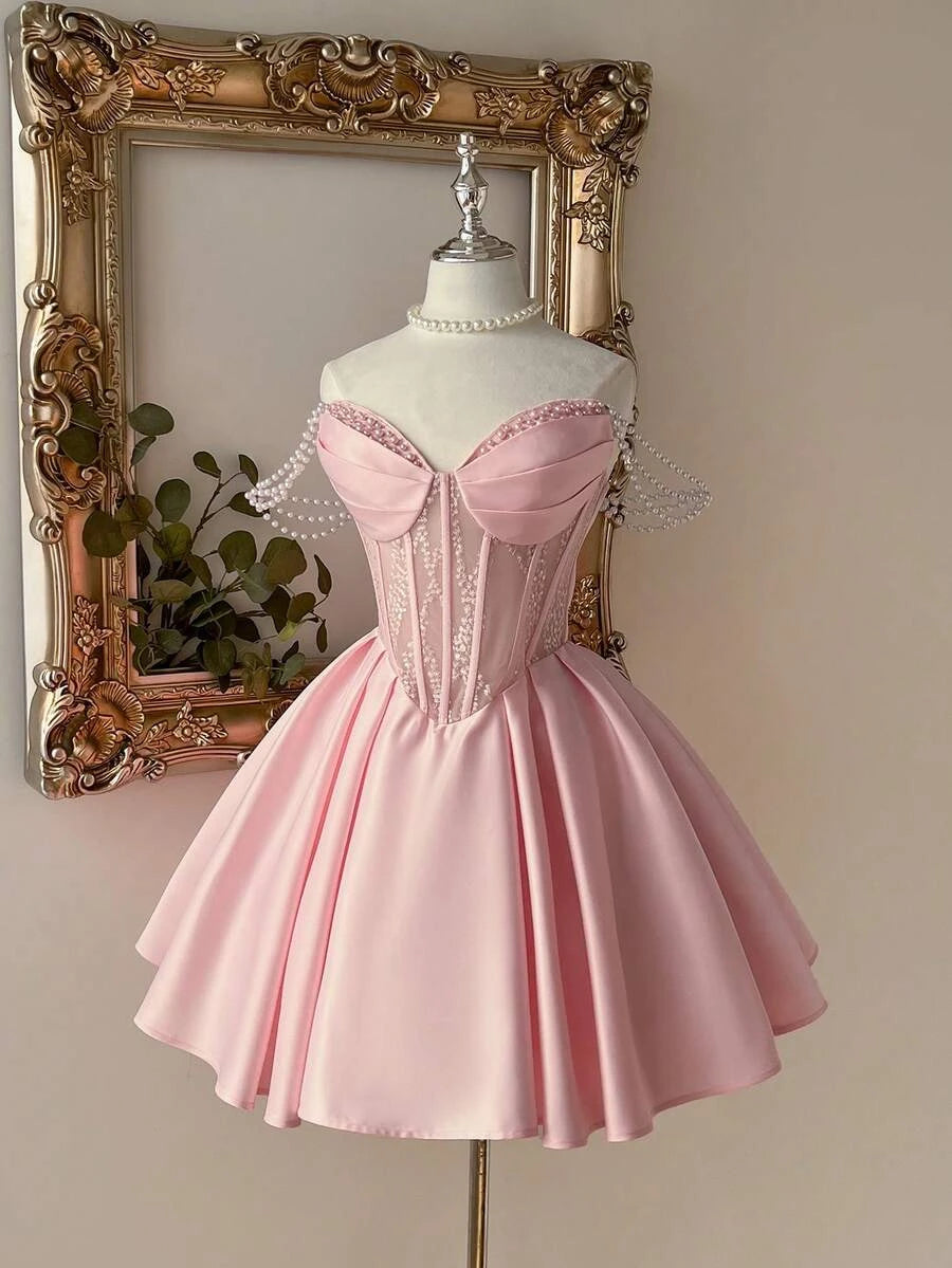 Pretty A-Line Sweetheart Pearl Straps Corset Satin Pink Short Homecoming Dresses