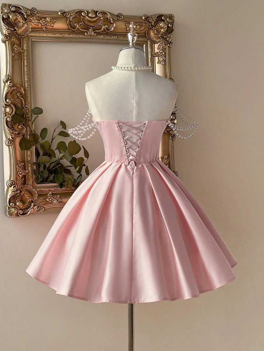 Pretty A-Line Sweetheart Pearl Straps Corset Satin Pink Short Homecoming Dresses
