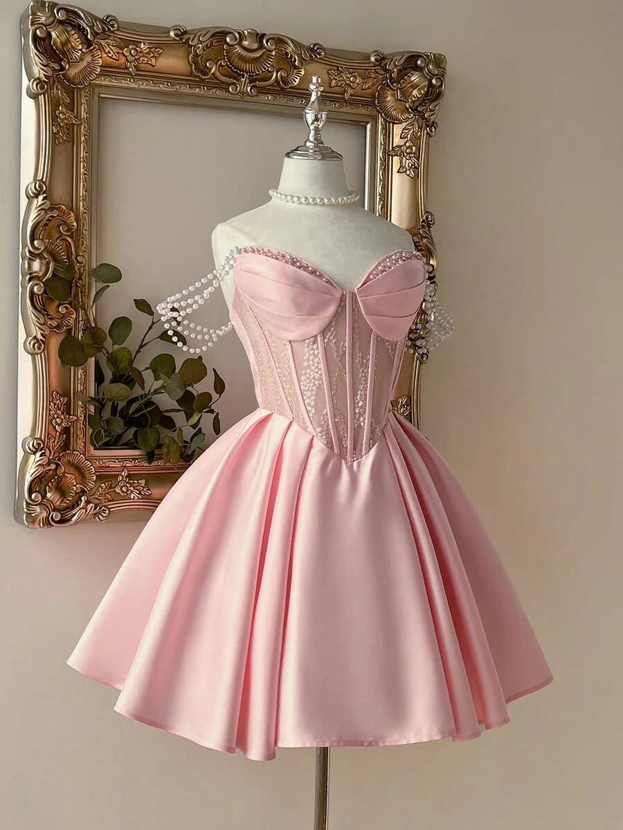 Pretty A-Line Sweetheart Pearl Straps Corset Satin Pink Short Homecoming Dresses