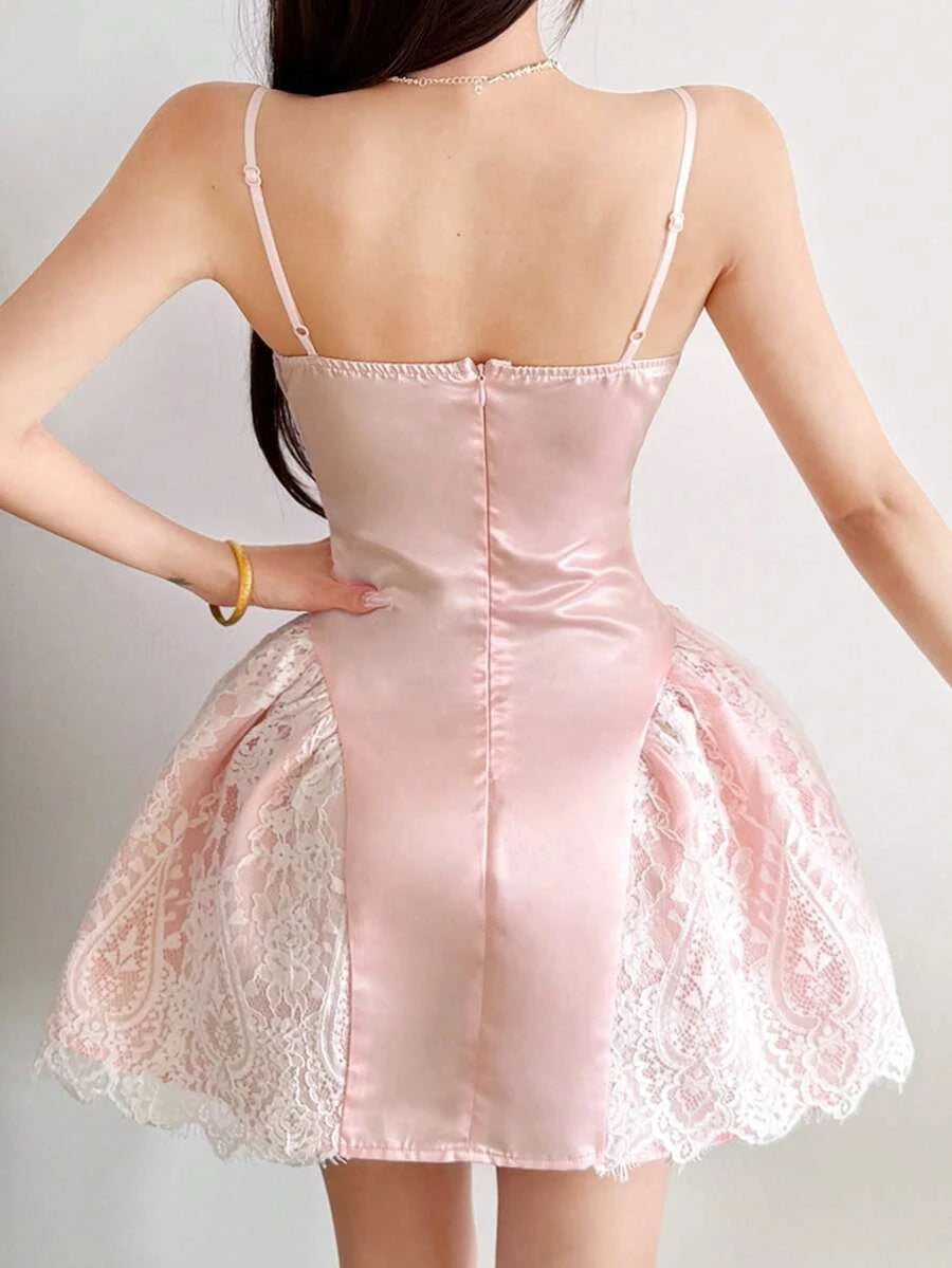 Pretty A-Line Sweetheart Spaghetti Straps Puffy Lace Satin Pink Mini Homecoming Dress