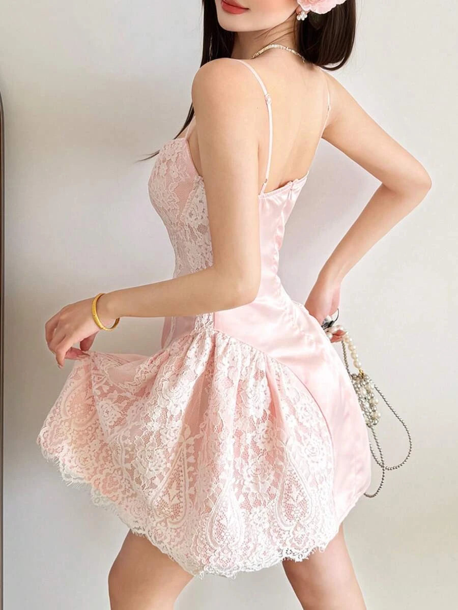 Pretty A-Line Sweetheart Spaghetti Straps Puffy Lace Satin Pink Mini Homecoming Dress