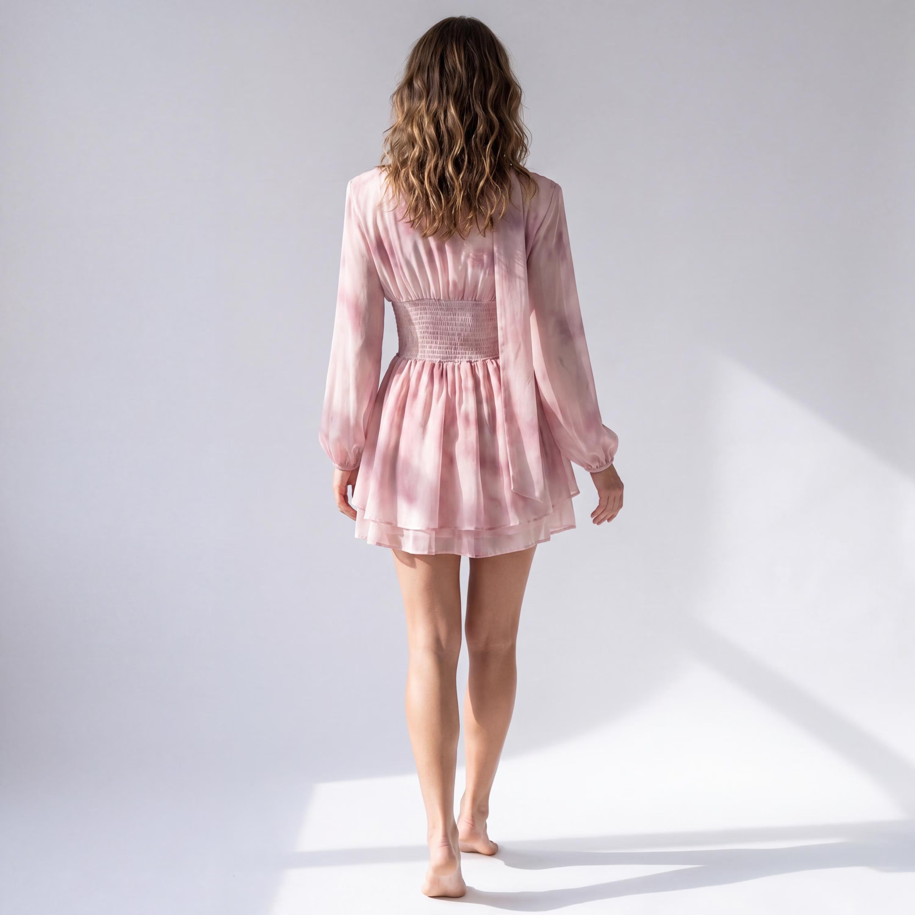 Pretty A-Line V-Neck Long Sleeve Floral Print Pink Mini Homecoming Dress With Scarf