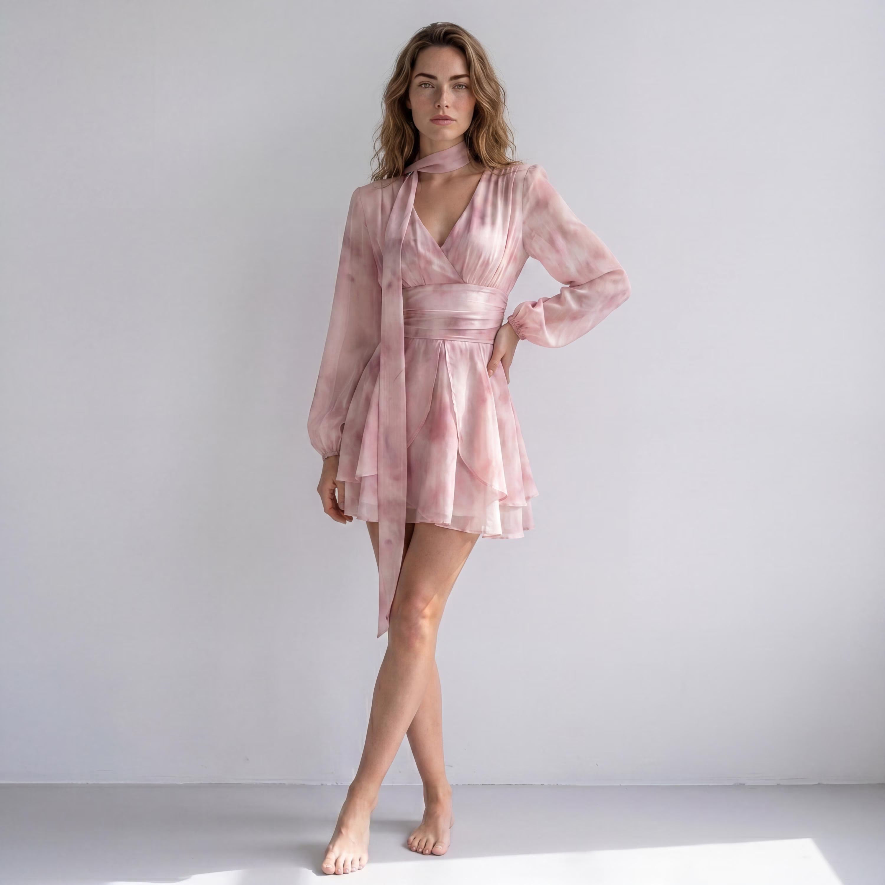 Pretty A-Line V-Neck Long Sleeve Floral Print Pink Mini Homecoming Dress With Scarf