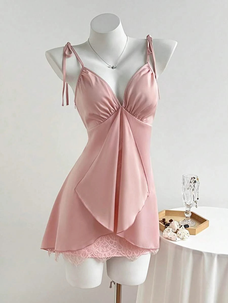 Pretty A-Line V-Neck Tie-Shoulder Layered Hem Satin Blush Pink Short Homecoming Dresses