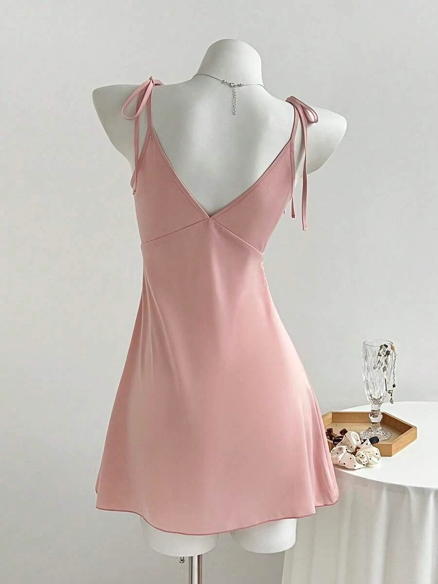 Pretty A-Line V-Neck Tie-Shoulder Layered Hem Satin Blush Pink Short Homecoming Dresses