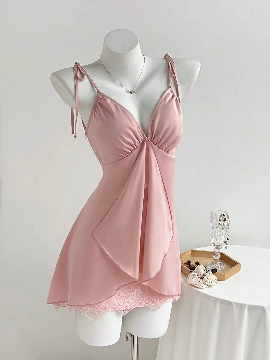 Pretty A-Line V-Neck Tie-Shoulder Layered Hem Satin Blush Pink Short Homecoming Dresses