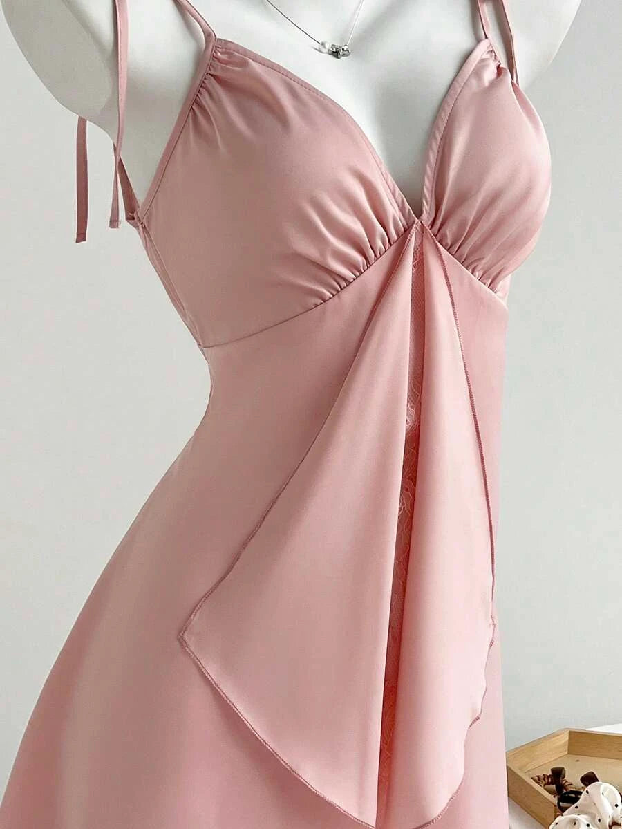Pretty A-Line V-Neck Tie-Shoulder Layered Hem Satin Blush Pink Short Homecoming Dresses