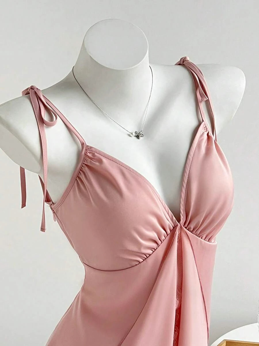 Pretty A-Line V-Neck Tie-Shoulder Layered Hem Satin Blush Pink Short Homecoming Dresses