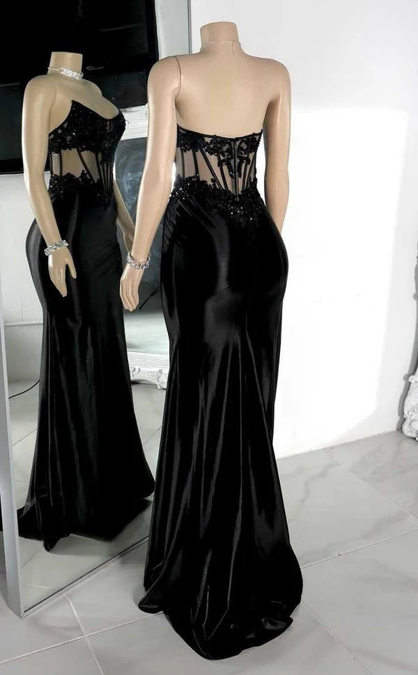Pretty Black Satin Lace Strapless Mermaid Bodycon Slit Long Prom Dress Hot Sale Party Dresses For Women