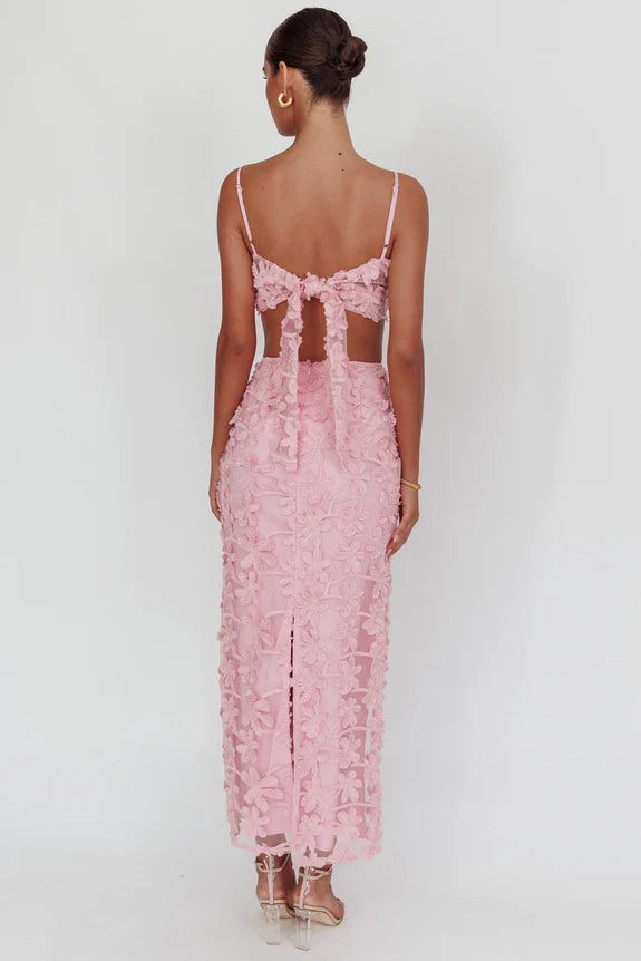 Pretty Two Piece Tie Back Palm Tree Embroidered White Evening Gown