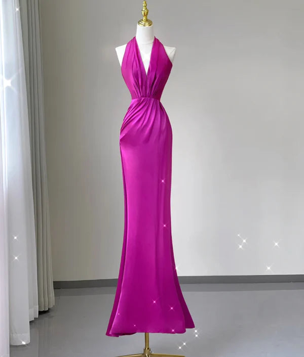 Pretty purple Satin Halter V Neck Sleeveless Mermaid Long Prom Dresses Casual Party Dresses Evening Dresses