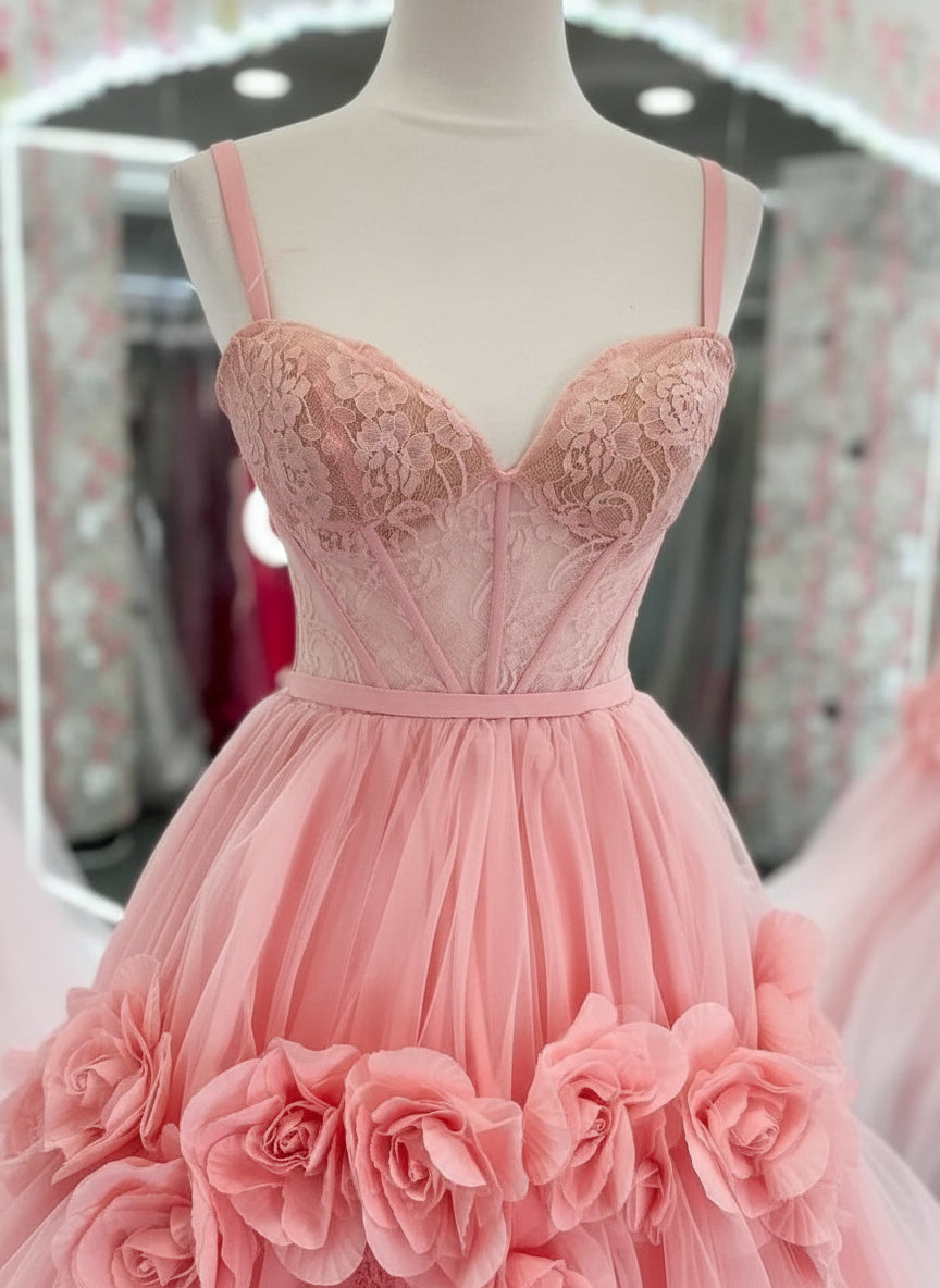Princess A-Line Off The Shoulder 3D Applique Lace Tulle Pink Prom Dress