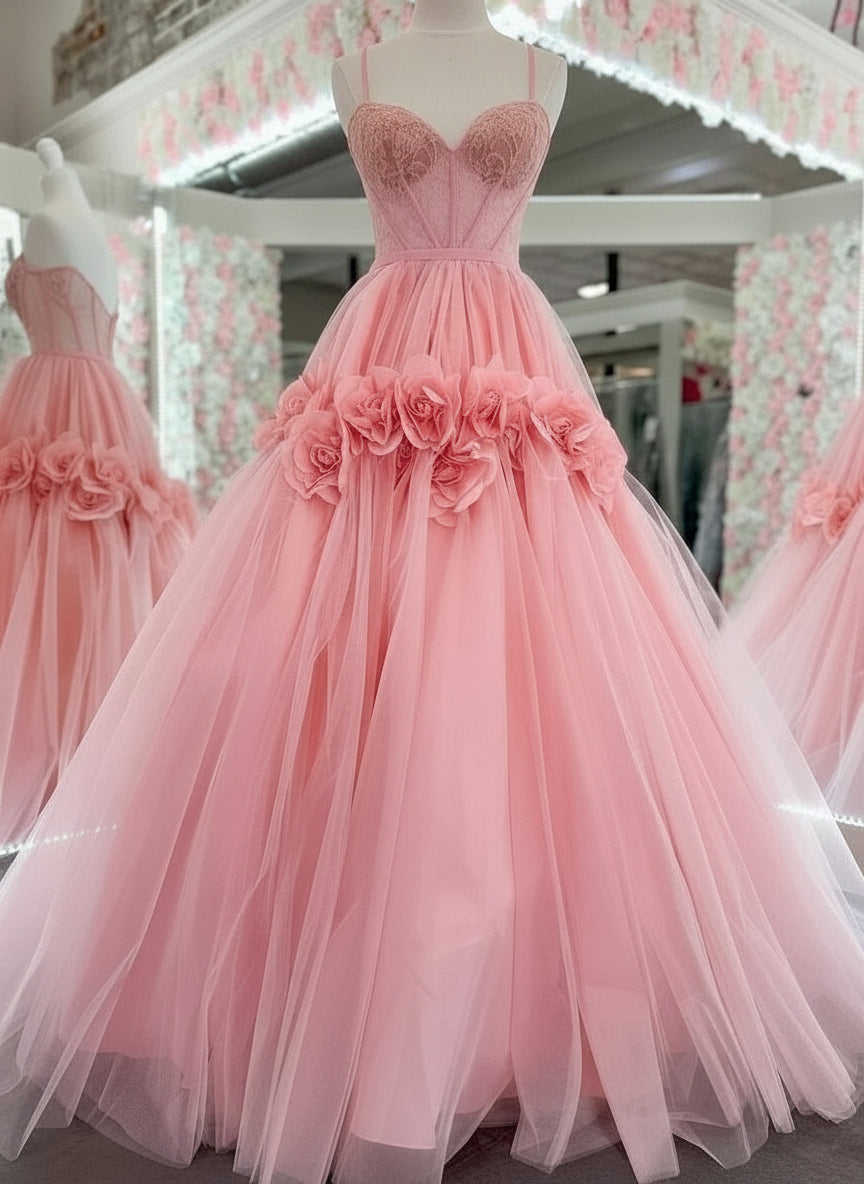Princess A-Line Off The Shoulder 3D Applique Lace Tulle Pink Prom Dress