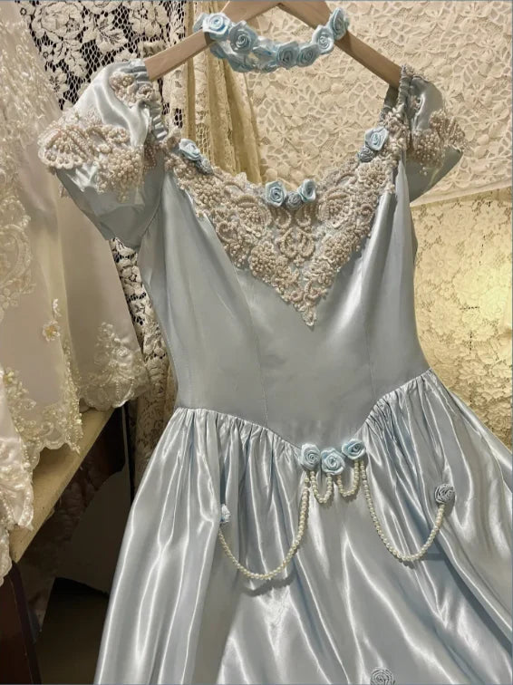 Princess Blue Satin With Beaded Strapless Short Sleeves 3D Rose A-Line Prom Dress Evening Dress