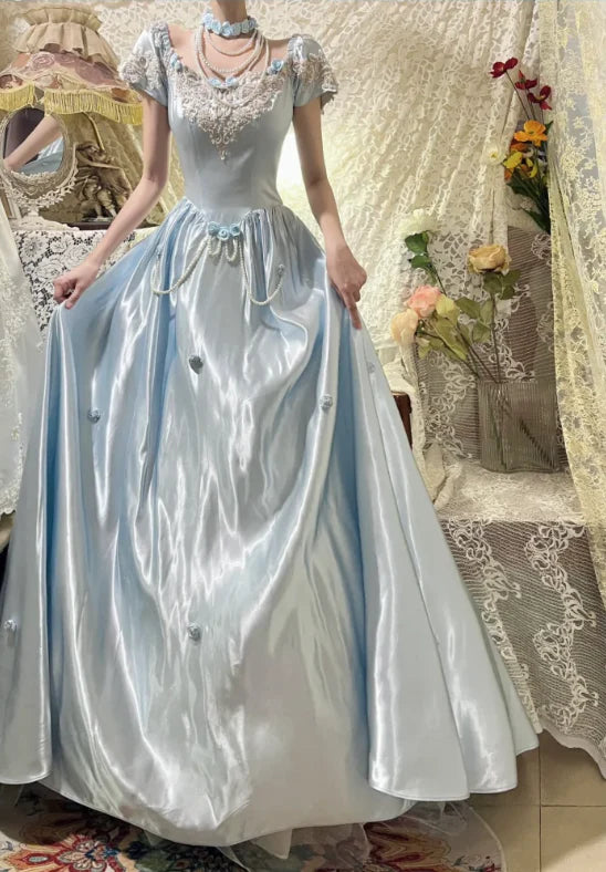 Princess Blue Satin With Beaded Strapless Short Sleeves 3D Rose A-Line Prom Dress Evening Dress