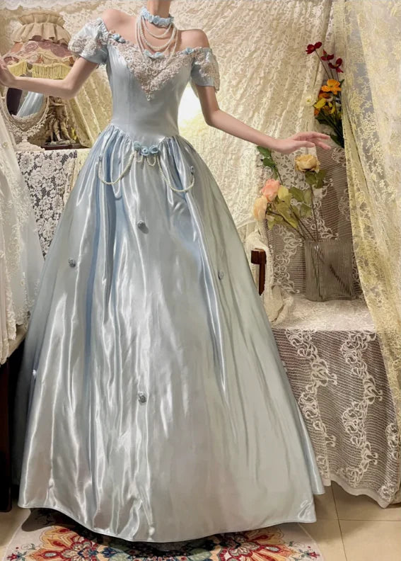 Princess Blue Satin With Beaded Strapless Short Sleeves 3D Rose A-Line Prom Dress Evening Dress