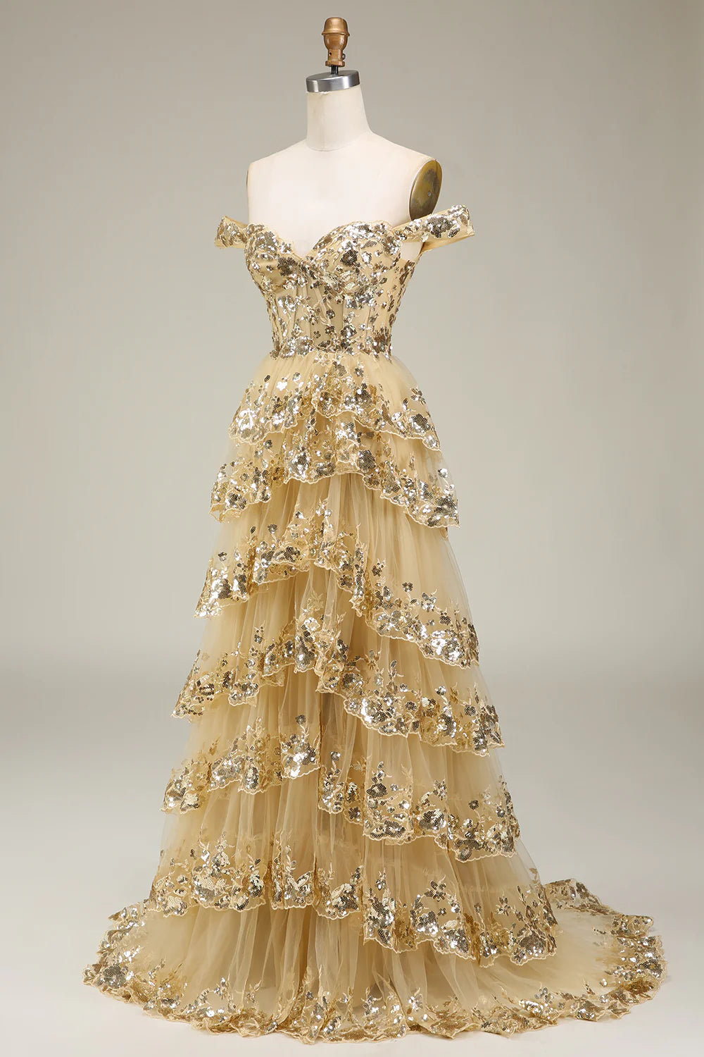 Golden Sequins Appliques A Line Off the Shoulder Tiered Floor Length Prom Dress With Slit