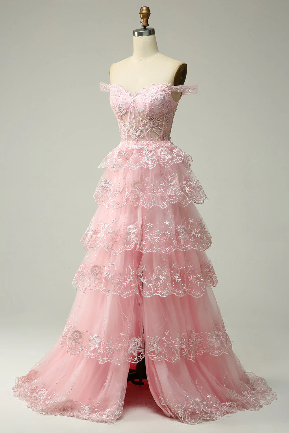 Princess Pink Appliques A Line Off the Shoulder Tiered Floor Length Prom Dress With Slit