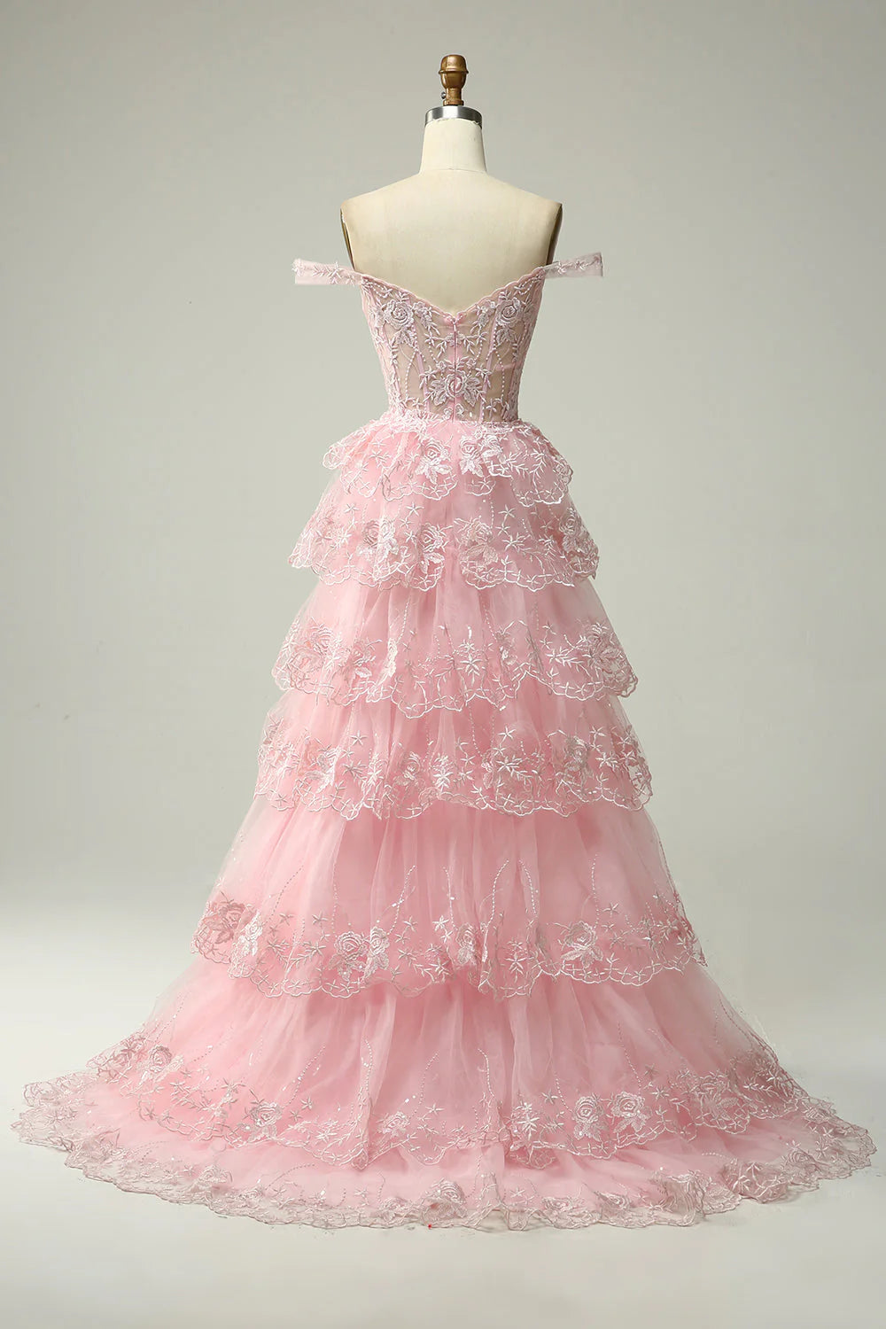 Princess Pink Appliques A Line Off the Shoulder Tiered Floor Length Prom Dress With Slit