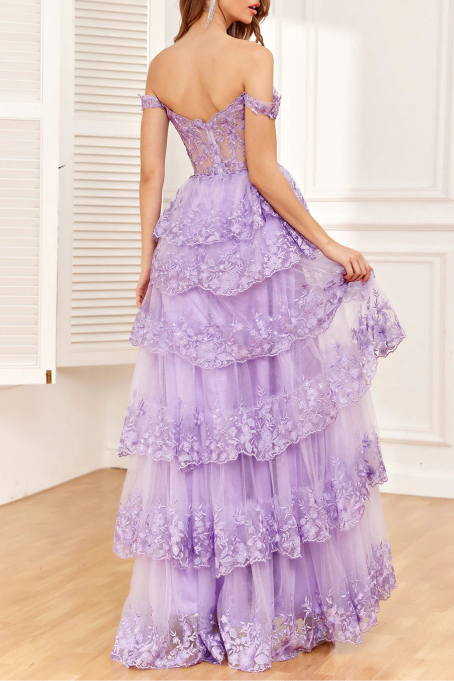 Golden Sequins Appliques A Line Off the Shoulder Tiered Floor Length Prom Dress With Slit