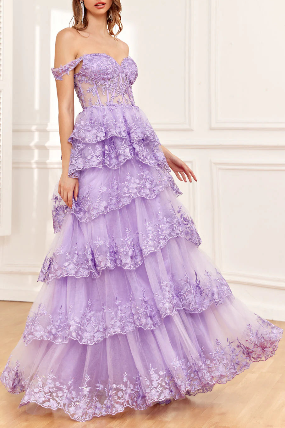 Golden Sequins Appliques A Line Off the Shoulder Tiered Floor Length Prom Dress With Slit