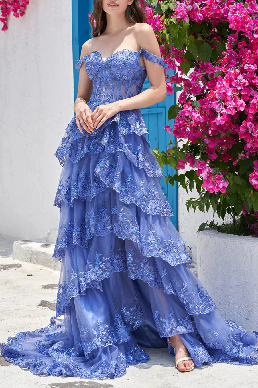 Golden Sequins Appliques A Line Off the Shoulder Tiered Floor Length Prom Dress With Slit