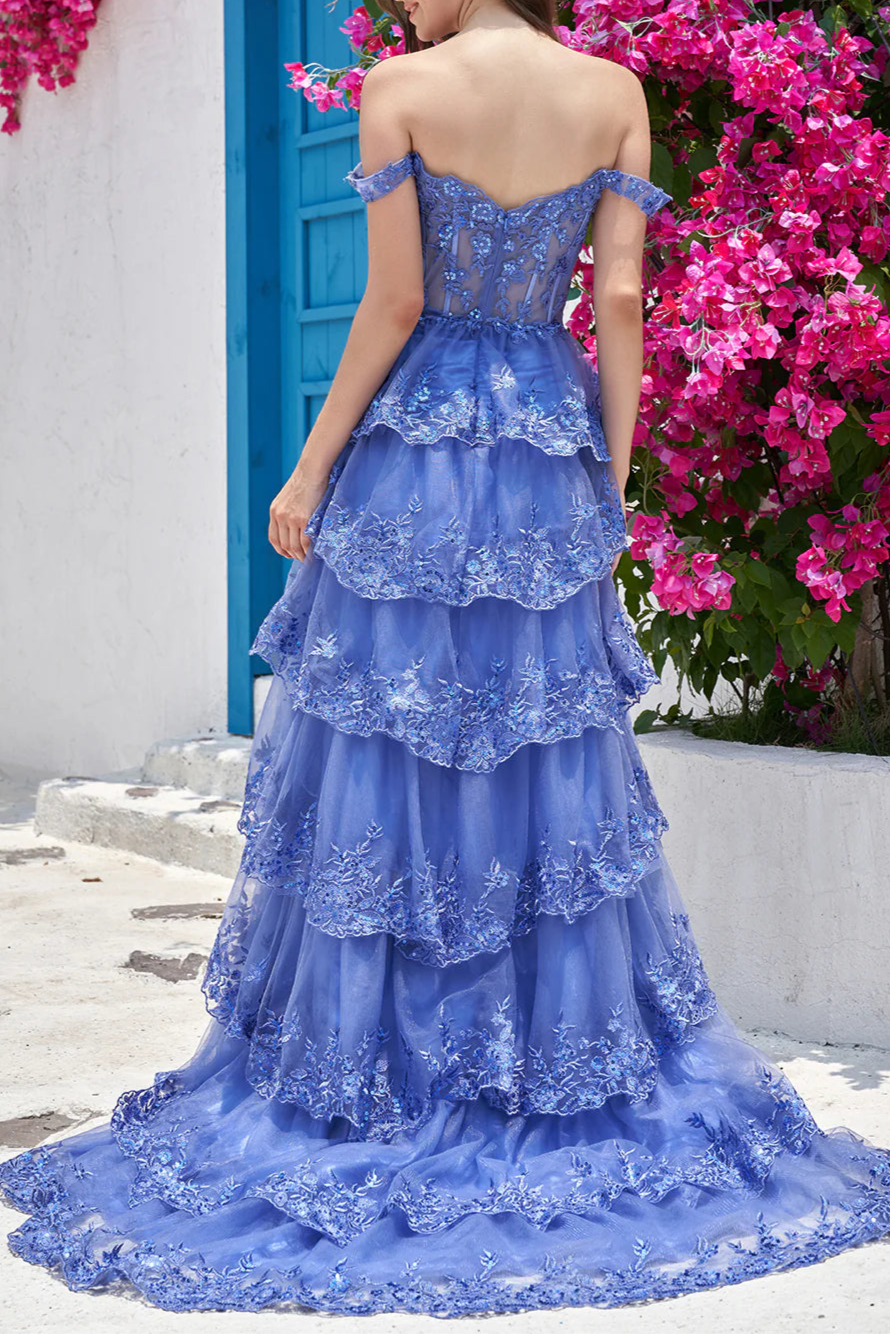 Golden Sequins Appliques A Line Off the Shoulder Tiered Floor Length Prom Dress With Slit