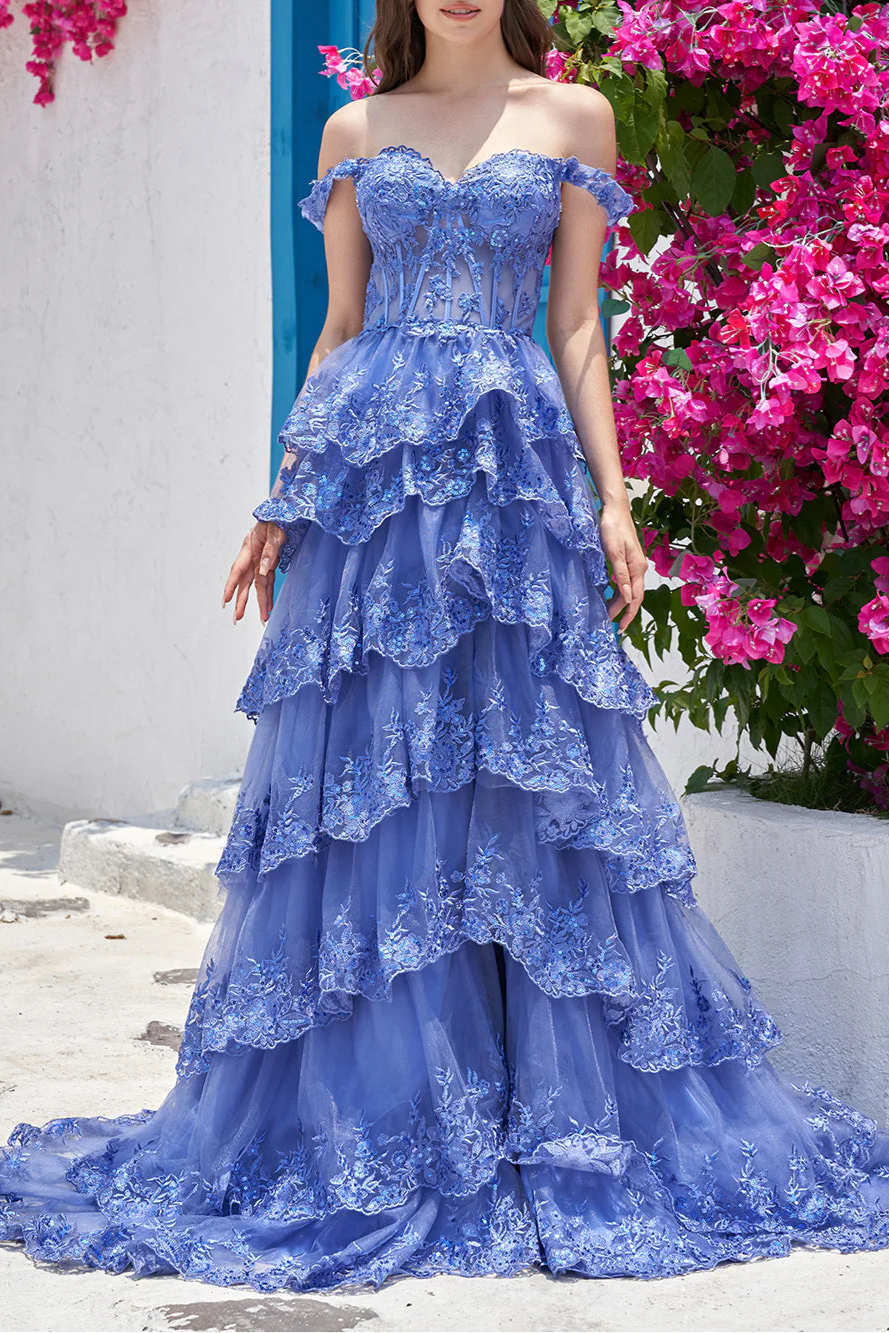 Golden Sequins Appliques A Line Off the Shoulder Tiered Floor Length Prom Dress With Slit