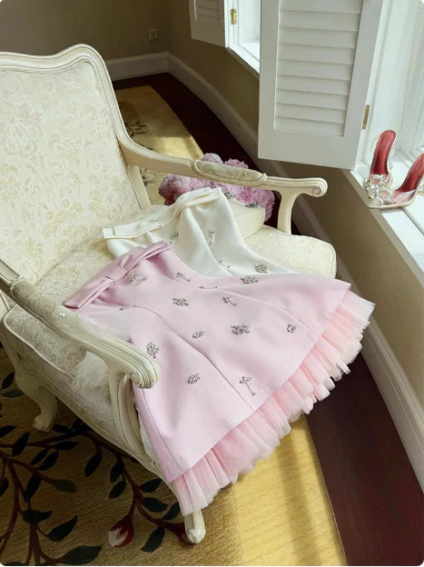 Princess Pink Satin Tulle Tube Top Heavy Diamond A-line 17th Birthday Homecoming Dress