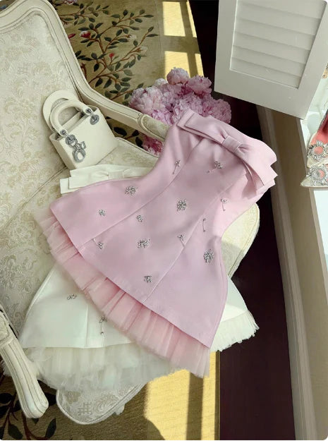 Princess Pink Satin Tulle Tube Top Heavy Diamond A-line 17th Birthday Homecoming Dress