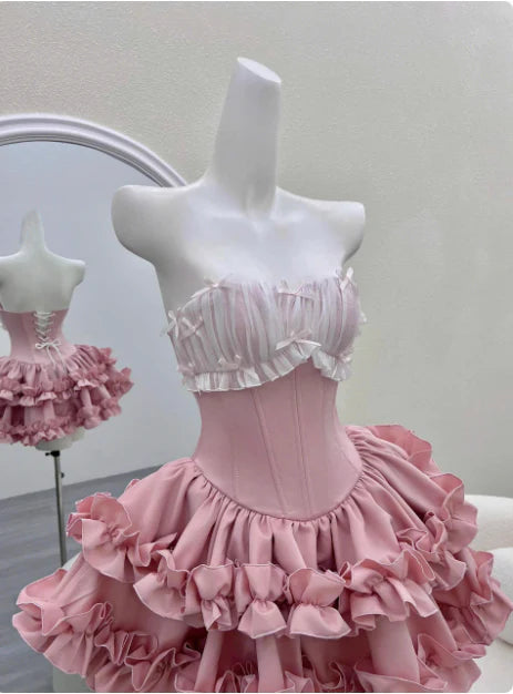 Princess Tube Top Fishbone Waist Tiered Ruffle Puffy Birthday Skirt Homecoming Dress