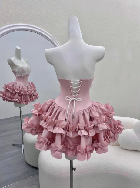 Princess Tube Top Fishbone Waist Tiered Ruffle Puffy Birthday Skirt Homecoming Dress