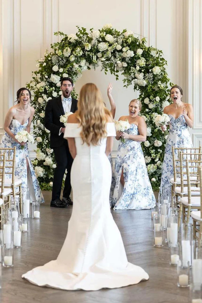 Printing Satin Strapless Sleeveless A-Line Long Formal Bridesmaid Dress with Slit