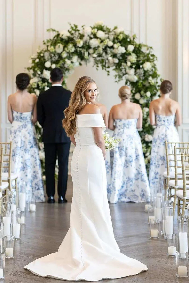 Printing Satin Strapless Sleeveless A-Line Long Formal Bridesmaid Dress with Slit