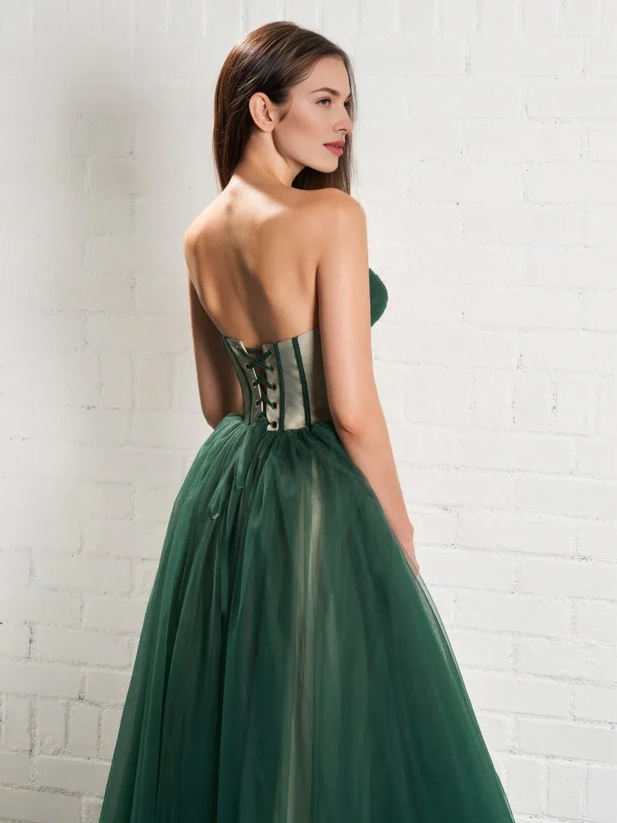 Puffy A-line Strapless Corset Tulle Emerald Green Tea-Length Prom Dress