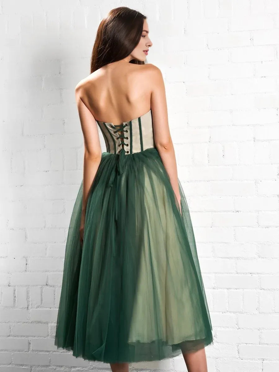 Puffy A-line Strapless Corset Tulle Emerald Green Tea-Length Prom Dress