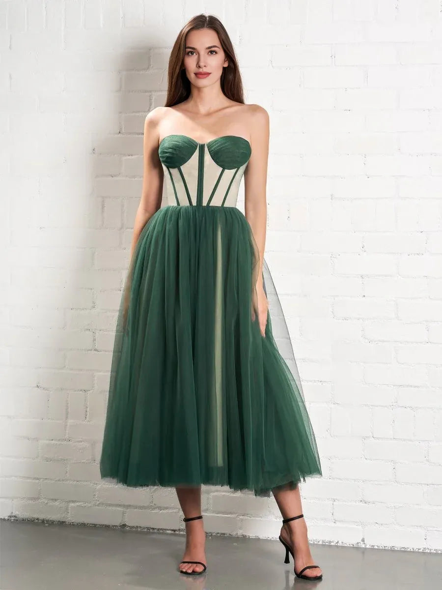 Puffy A-line Strapless Corset Tulle Emerald Green Tea-Length Prom Dress