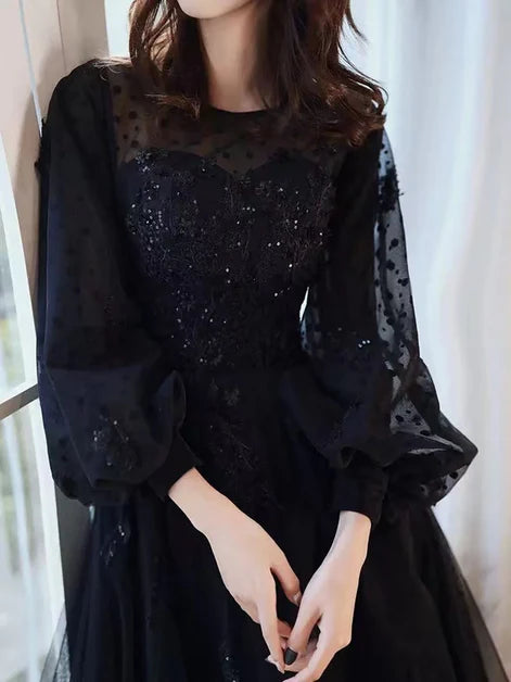 Puffy Black Tulle Sequins With Applique Long Sleeves Party DressProm Dress