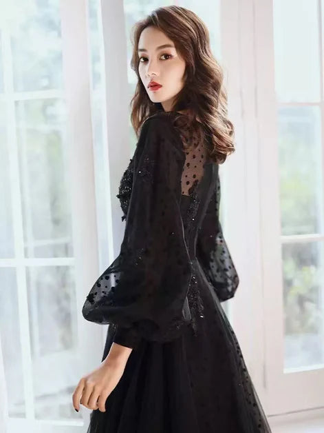 Puffy Black Tulle Sequins With Applique Long Sleeves Party DressProm Dress