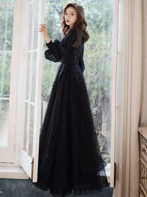 Puffy Black Tulle Sequins With Applique Long Sleeves Party DressProm Dress