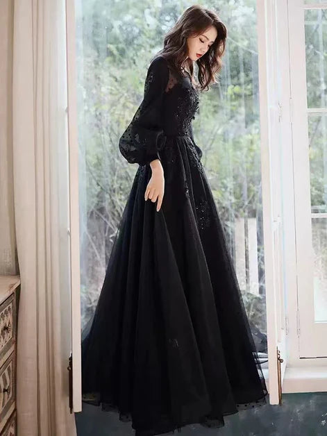 Puffy Black Tulle Sequins With Applique Long Sleeves Party DressProm Dress
