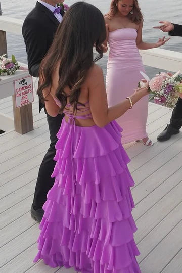 Purple A-Line Strapless Scoop Ruffles Sleeveless Long Prom Formal Dress