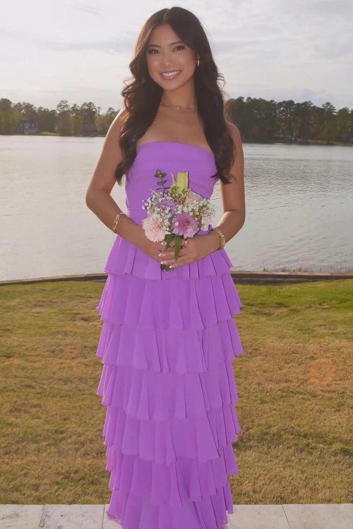 Purple A-Line Strapless Scoop Ruffles Sleeveless Long Prom Formal Dress