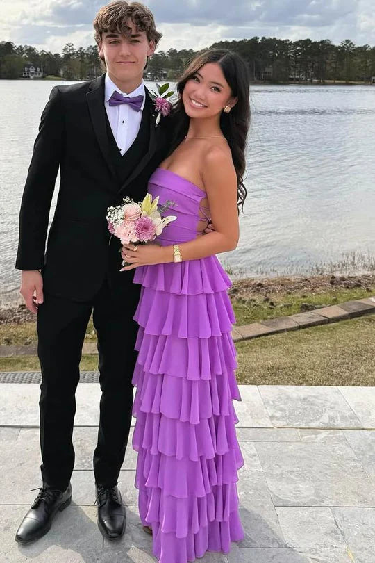 Purple A-Line Strapless Scoop Ruffles Sleeveless Long Prom Formal Dress