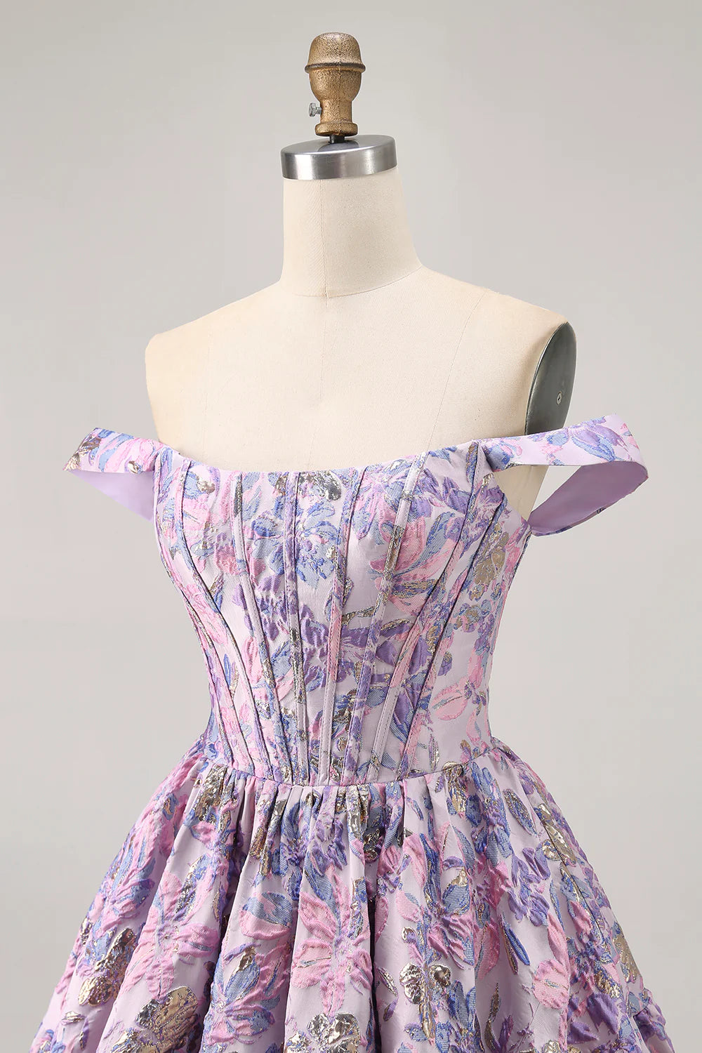 Purple Brocade Floral A Line Printed Corset Lace Up Off The Shoulder Homecoming Dress