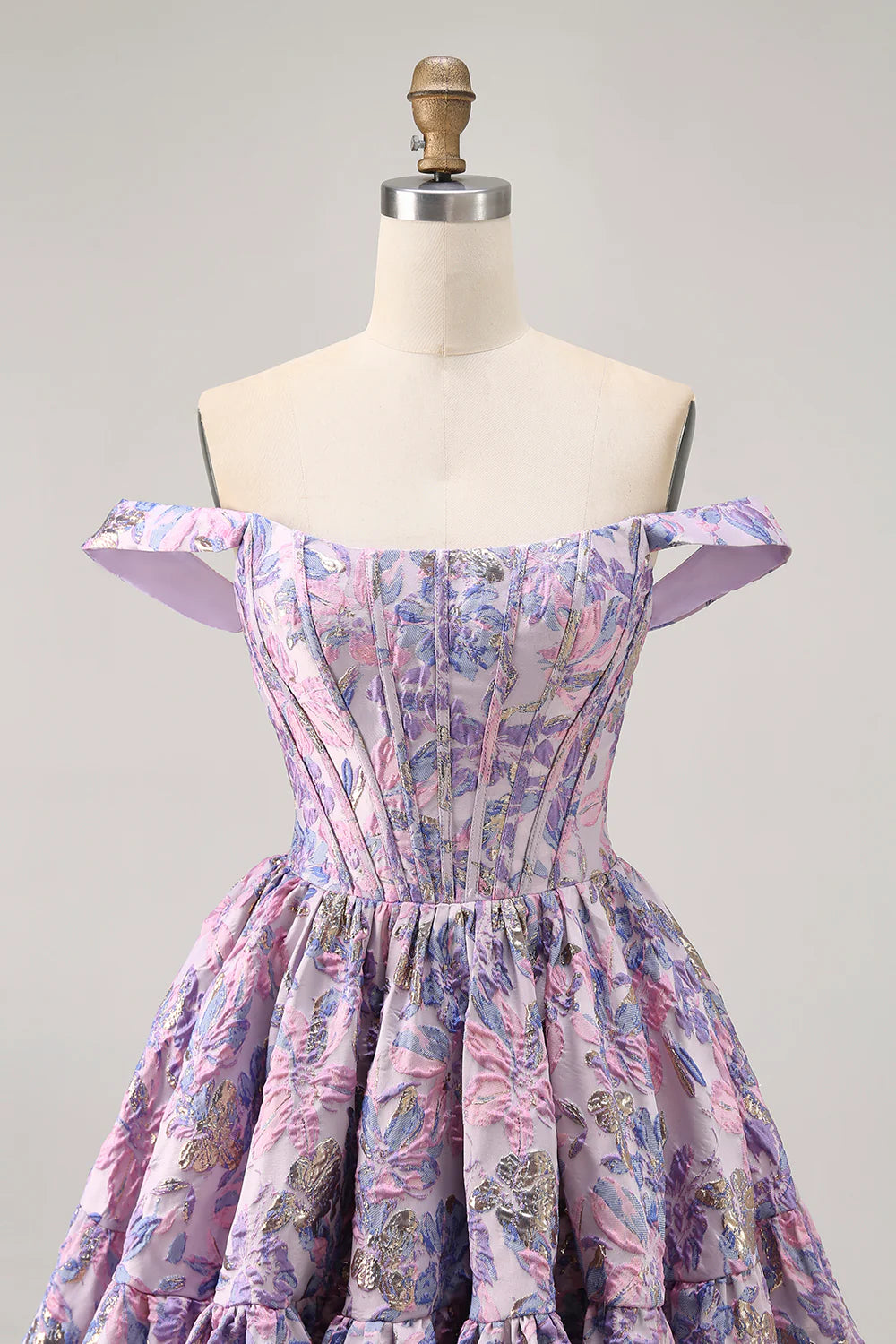 Purple Brocade Floral A Line Printed Corset Lace Up Off The Shoulder Homecoming Dress
