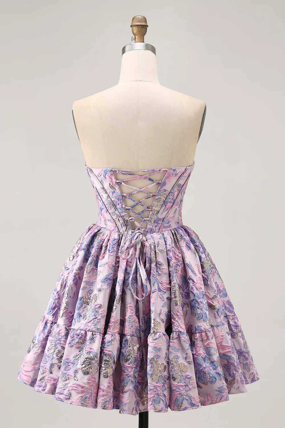 Purple Brocade Floral A Line Printed Corset Lace Up Off The Shoulder Homecoming Dress