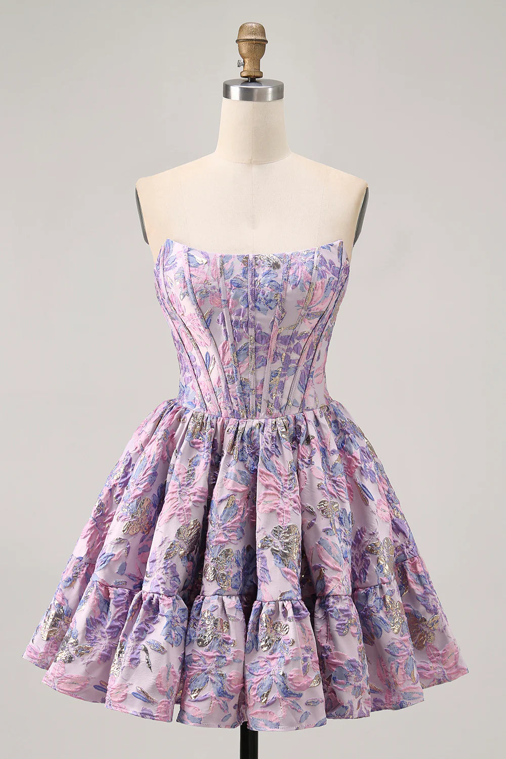 Purple Brocade Floral A Line Printed Corset Lace Up Off The Shoulder Homecoming Dress