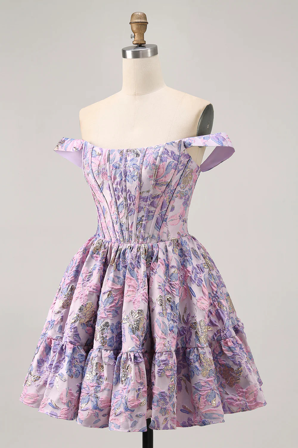 Purple Brocade Floral A Line Printed Corset Lace Up Off The Shoulder Homecoming Dress